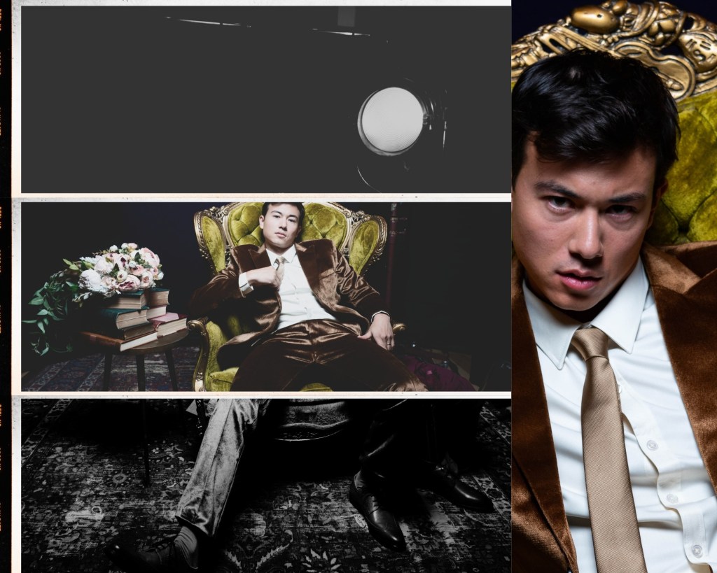 Creative direction portrait of a male model in a velvet suit taken during an Adorama workshop attended by Jenna Brooke. Editorial styling highlights brand identity with cinematic tones and intentional composition.