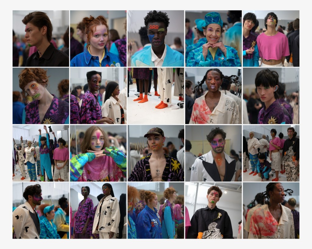 Vibrant backstage editorial fashion photography capturing colorful designs, expressive makeup, and diverse models during New York Fashion Week.