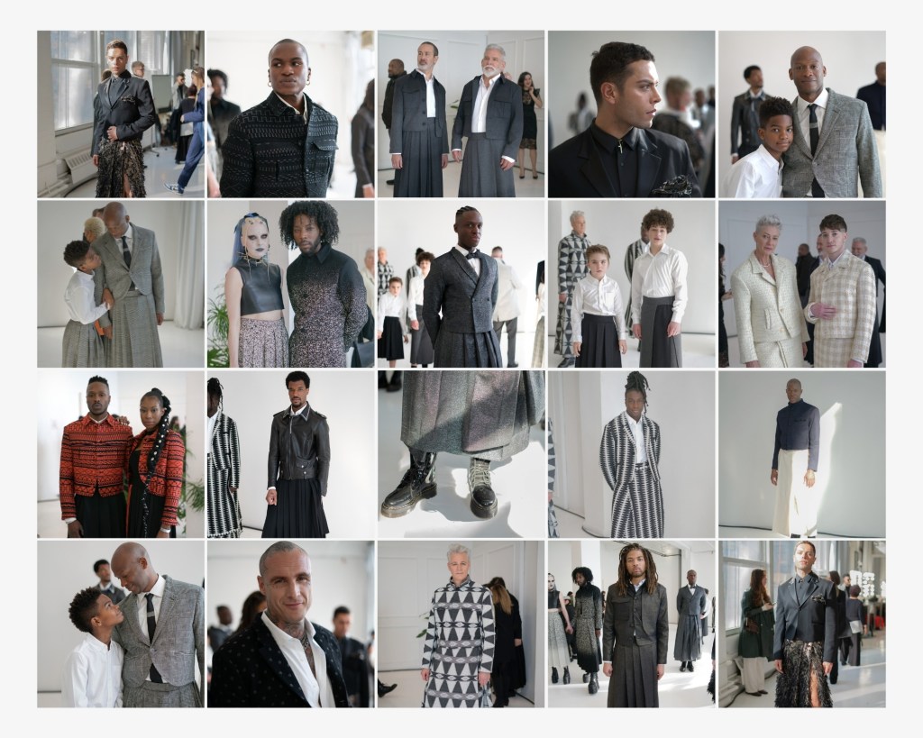 Group editorial photoshoot showcasing diverse models in tailored fashion designs, highlighting modern menswear, family-focused styling, and inclusive representation.