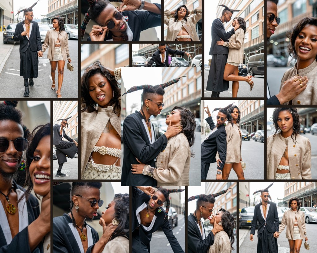Street-style fashion editorial featuring a stylish couple in coordinated neutral-toned outfits, photographed by Jenna Brooke outside NYFW’s Flying Solo show, directed with impromptu creative posing and styling.