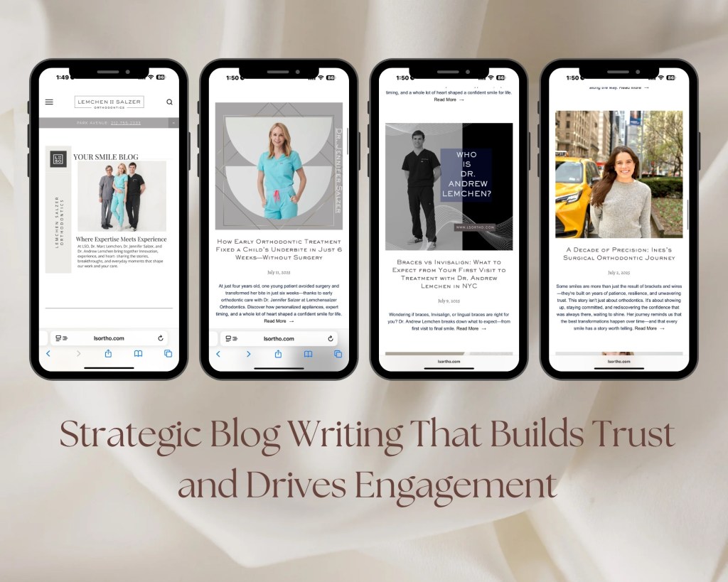 Mobile phone display showcasing blog articles written by Jenna Brooke for Lemchen & Salzer Orthodontics, emphasizing strategic content marketing that builds trust and drives engagement.